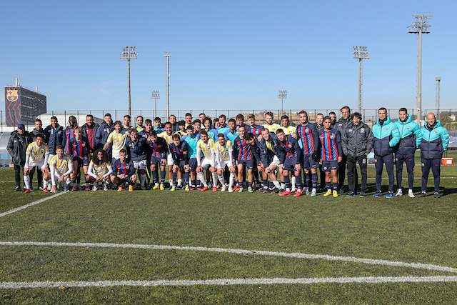 Team photograph with Barca B team. Trip to Barcelona to play a friendly against Barcelona B followed by a short trip into the city centre ahead of the Fifa Club World Cup 2022, Barcelona, Spain, Wednesday 25th January 2023. Photo: Shane Wenzlick / www.phototek.nz